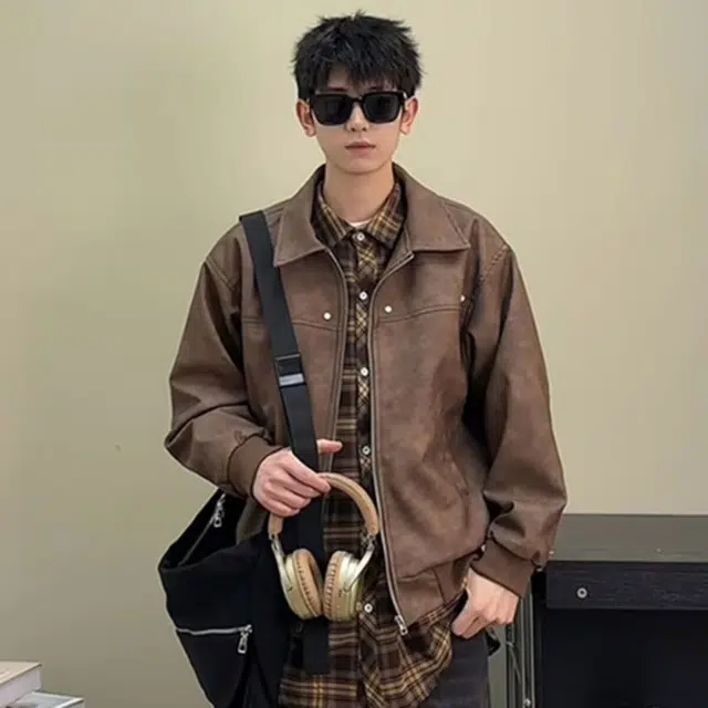 徐百货 美式复古铆钉夹克春秋潮牌翻领短款高级感机车外套情侣皮衣 男女同款