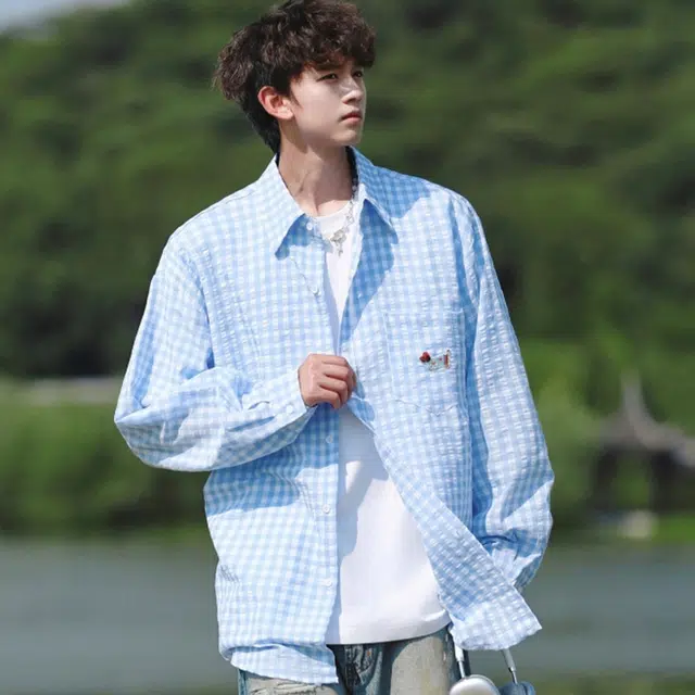 徐百货 美式复古格子长袖高级感痞帅潮牌腊肠狗情侣防晒衬衣宽松舒适潮流百搭衬衫 男女同款