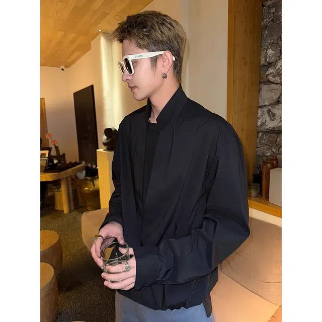 徐百货 美式复古假两件纯色痞帅长袖潮牌薄款设计感小众潮流宽松高街百搭衬衫 男女同款
