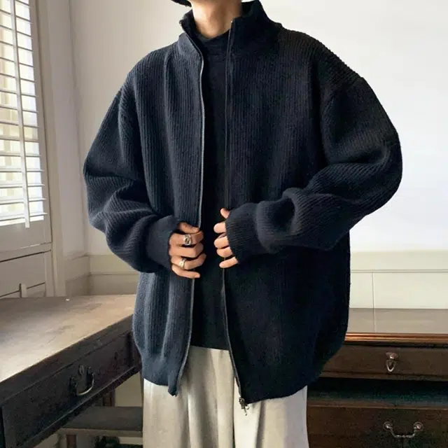 徐百货 美式复古设计感拉链开衫外套休闲高级感立领日系慵懒风针织衫潮流百搭宽松舒适夹克 男女同款