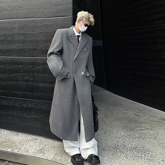 徐百货 美式高街潮牌百搭正肩毛呢秋冬中长款过膝外套潮流高级感痞帅双排扣呢子大衣 男女同款