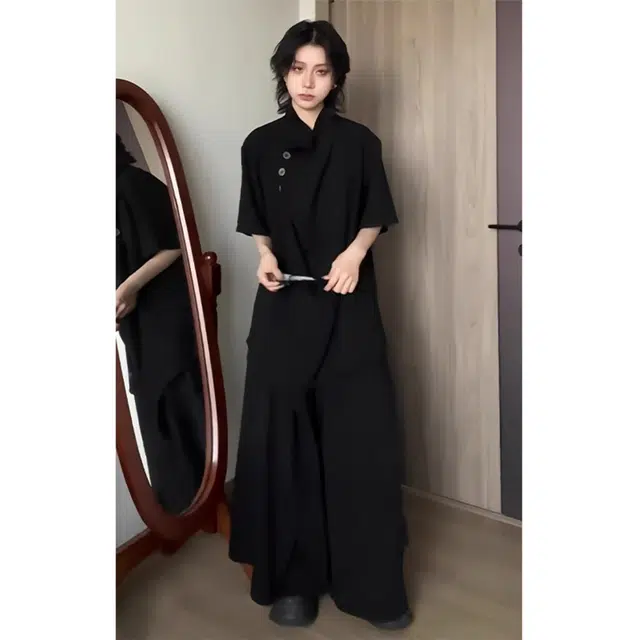 徐百货 新中式国风短袖上衣夏季不规则小众设计高级感垂感冰丝衬衣衬衫 男女同款