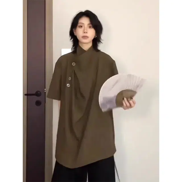 徐百货 新中式国风短袖上衣夏季不规则小众设计高级感垂感冰丝衬衣衬衫 男女同款