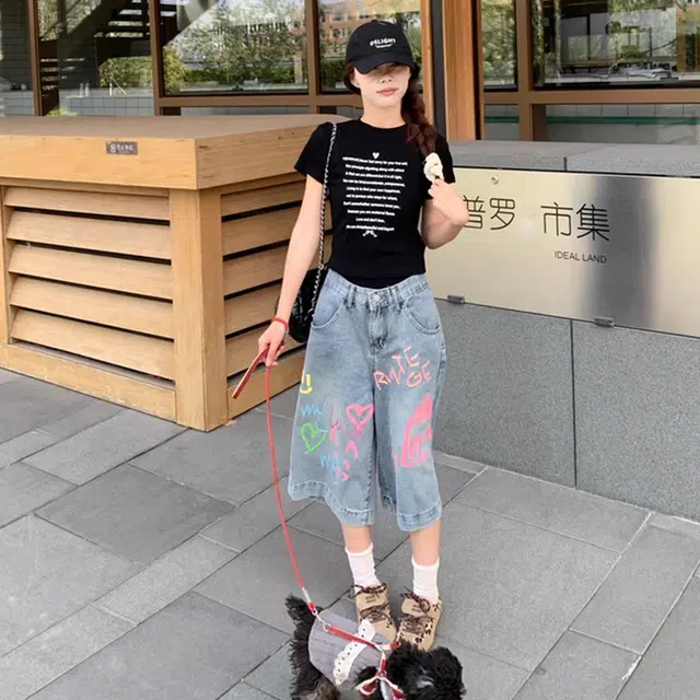 徐百货 美式复古卡通印花七分裤春夏宽松显瘦高腰辣妹阔腿裤牛仔短裤 男女同款