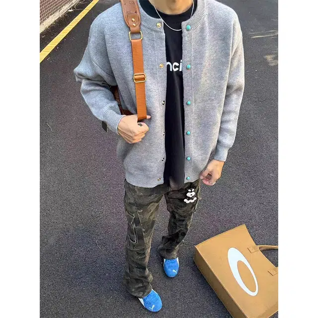 徐百货 老钱风纽扣圆领宽松上衣男春秋季休闲简约慵懒风百搭开衫外套毛衣 男女同款