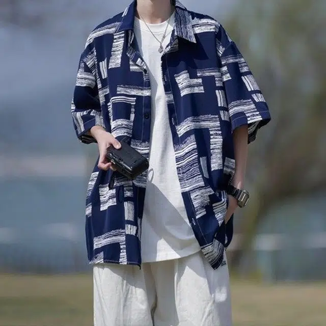徐百货 日系小清新潮流百搭冰丝透气短袖夏季半袖大码宽松外套衬衫 男女同款