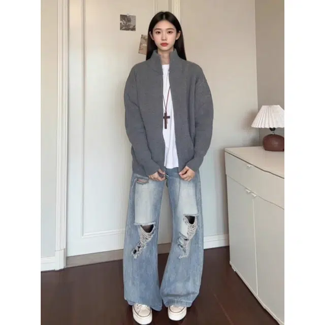 徐百货 美式复古设计感双拉链立领开衫外套痞帅针织衫夹克潮流百搭宽松舒适卫衣 男女同款