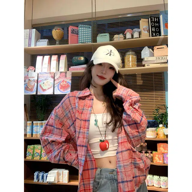 徐百货 美式扎染苹果刺绣格子衬衣潮牌情侣长袖上衣通勤休闲外套宽松舒适衬衫 男女同款
