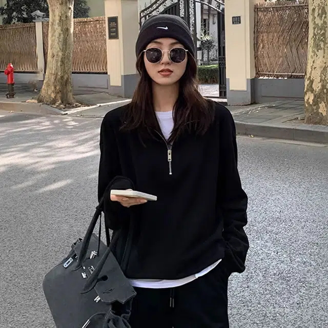 徐百货 重磅半拉链立领纯色套头美式潮牌设计感上衣卫衣 男女同款