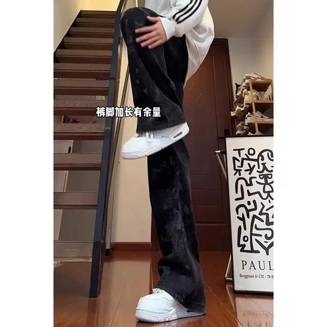 徐百货 美式高街复古迷彩蛇纹夏季痞帅直筒显瘦修身微喇潮牌牛仔裤 男女同款
