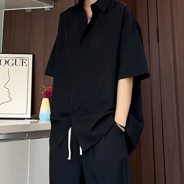 徐百货 冰丝速干透气设计感夏季薄款痞帅高级感垂感帅气慵懒风上衣短袖衬衫 男女同款
