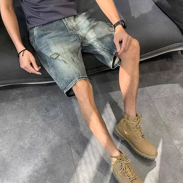 徐百货 高街破洞五分裤美式复古阔腿夏季设计感宽松百搭潮牌痞帅牛仔短裤 男女同款