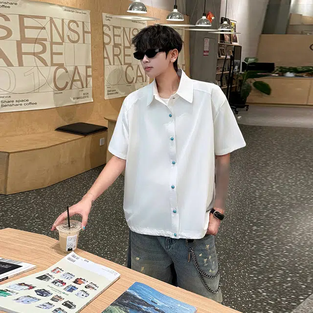 徐百货 抽绳束腰夏季透气设计感潮流百搭薄款短袖衬衫 男女同款