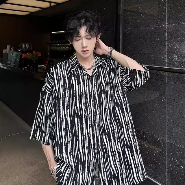 徐百货 条纹短袖夏季美式潮牌宽松高级感休闲外套上衣短袖衬衫 男女同款