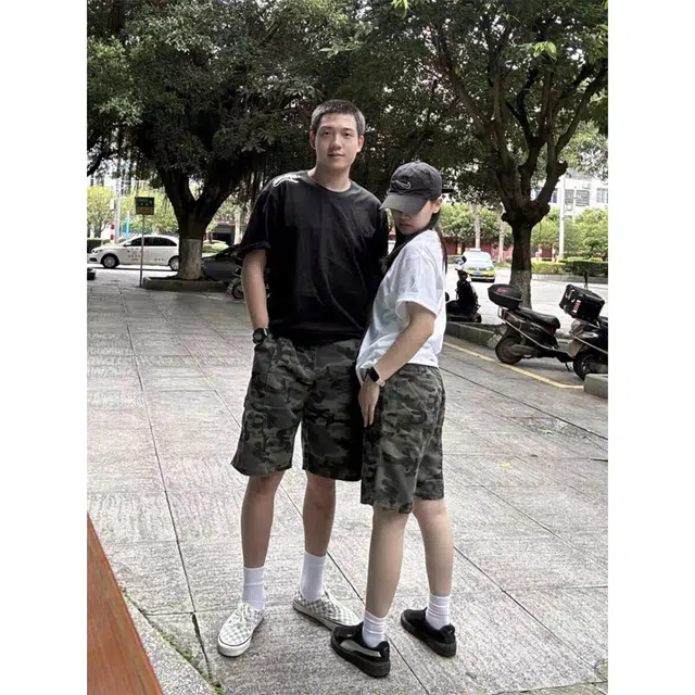 徐百货 美式解构迷彩中裤水洗潮牌伐木工装裤子复古五分裤休闲短裤 男女同款