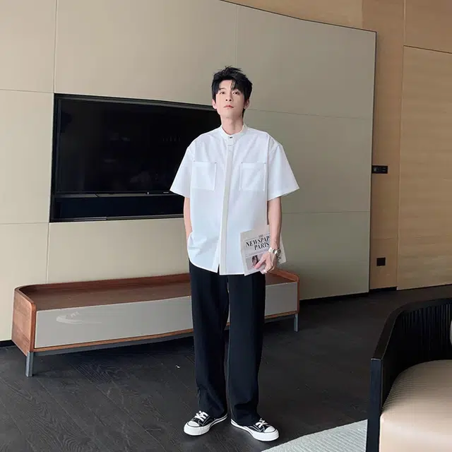 徐百货 新中式夏季垂感痞帅潮流穿搭国风暗扣工装半袖衬衣短袖衬衫 男女同款