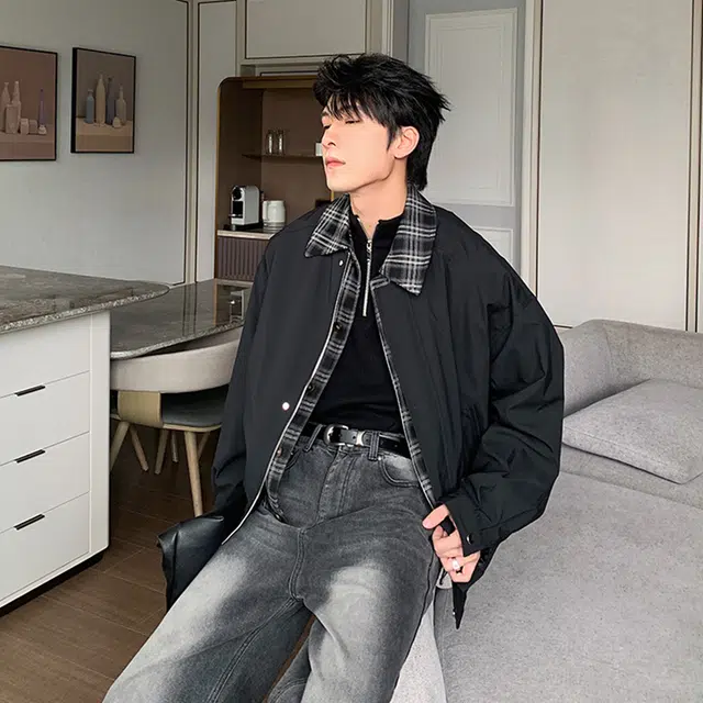 徐百货  美式潮牌经典假两件拼接格纹衬领设计感夹克春秋季宽松百搭防风保暖工装飞行员机车教练外套上衣棒球服 男女同款
