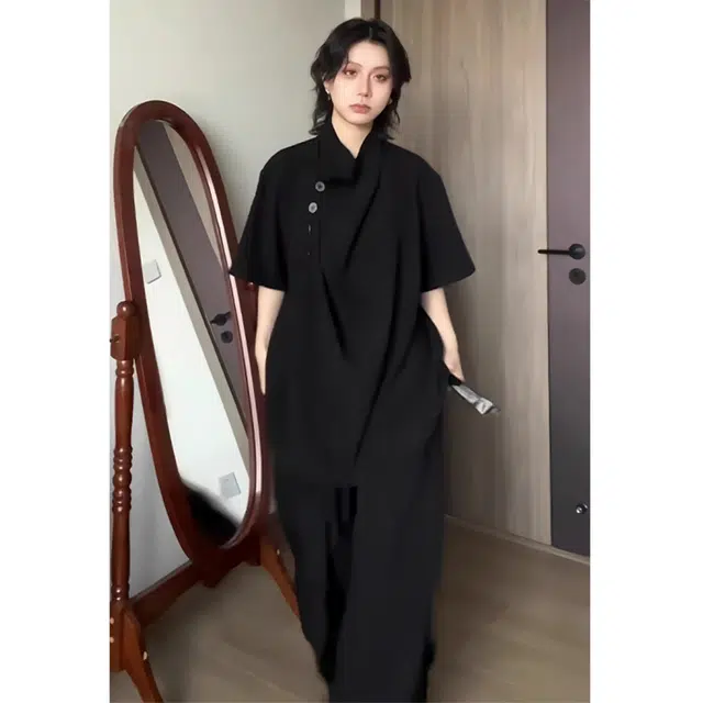 徐百货 新中式国风短袖上衣夏季不规则小众设计高级感垂感冰丝衬衣衬衫 男女同款