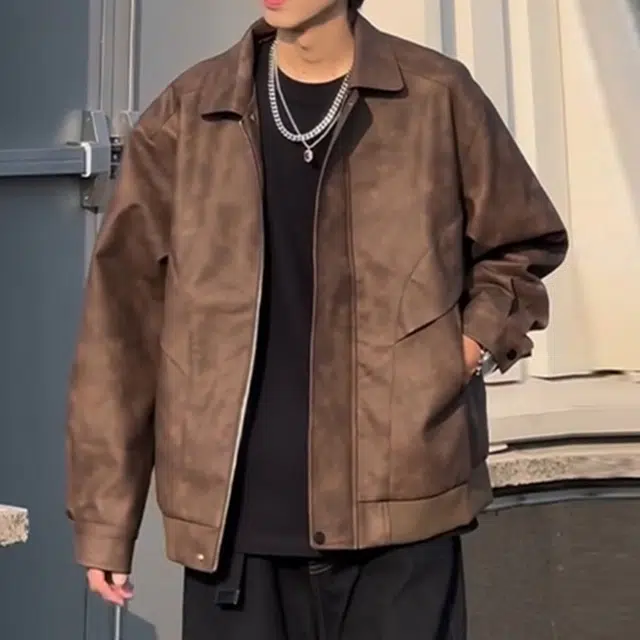 徐百货 美拉德短款外套男春秋款防水翻领工装夹克美式机车骑行服皮衣 男女同款