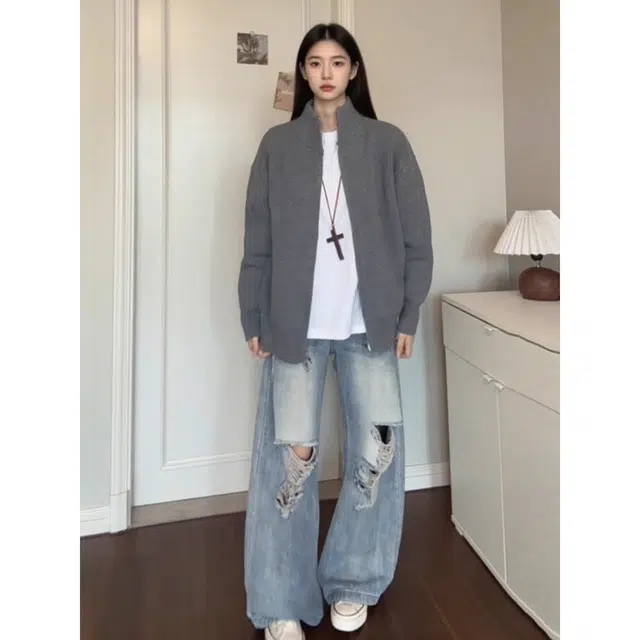 徐百货 美式复古设计感双拉链立领开衫外套痞帅针织衫夹克潮流百搭宽松舒适卫衣 男女同款