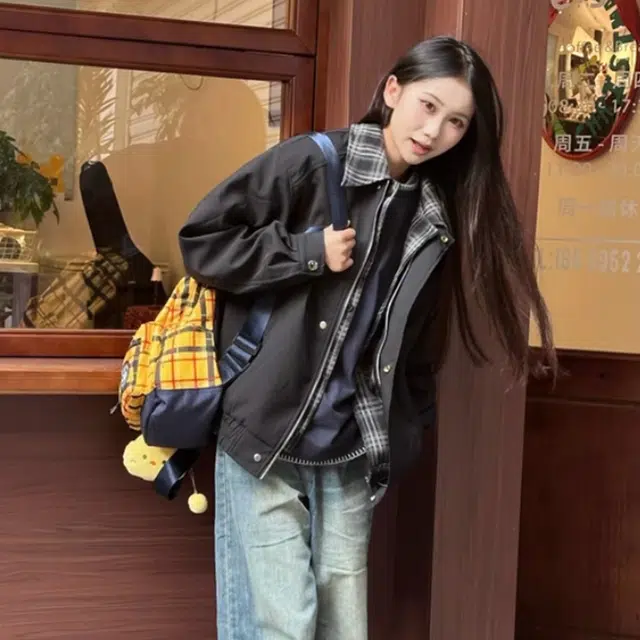 徐百货  美式潮牌假两件拼接格纹衬领设计感夹克春秋季宽松百搭防风工装飞行员机车教练外套上衣棒球服 男女同款