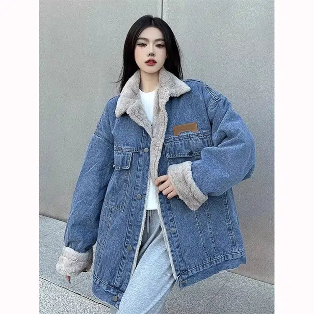 徐百货 美式复古仿兔毛牛仔外套冬季加绒加厚宽松百搭保暖工装棉衣棉服 男女同款