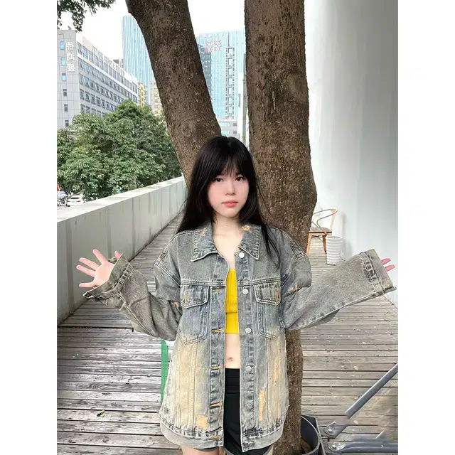 徐百货 美式破洞春秋潮牌痞帅高级感夹克美式复古潮流炸街长袖牛仔外套 男女同款