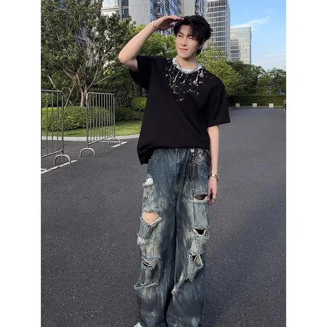 徐百货 美式破洞直筒裤薄款废土风潮牌痞帅乞丐牛仔裤 男女同款