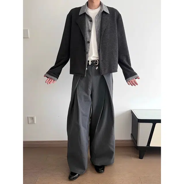 徐百货 麦穗提花假两件老钱风上衣男春秋季撞色衬衫领拼接长袖正肩开衫外套毛衣 男女同款