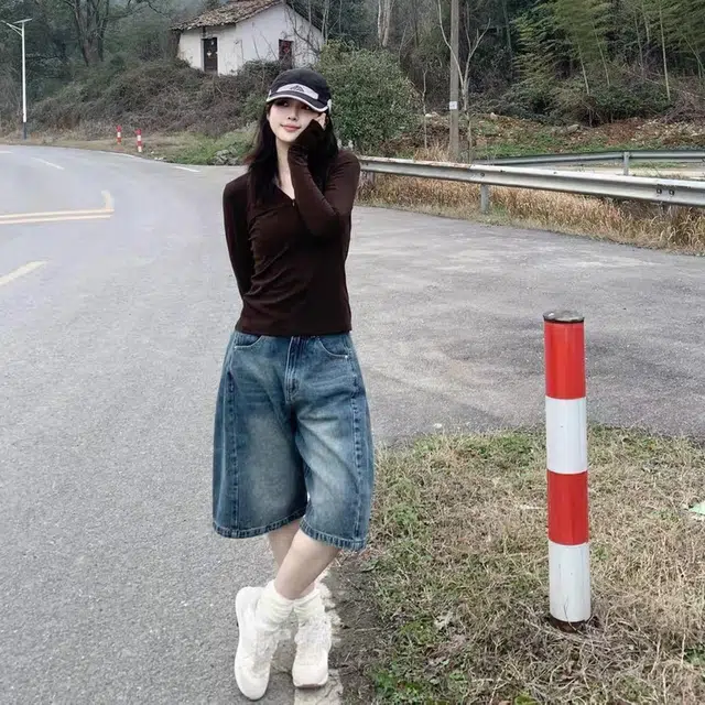 徐百货 美式弯刀休闲裤复古阔腿五分裤夏宽松直筒中裤潮流百搭舒适牛仔短裤 男女同款