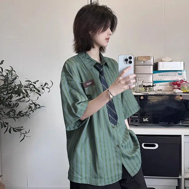 徐百货 复古条纹学院风衬衣夏季薄款高街痞帅设计感宽松百搭短袖衬衫 男女同款
