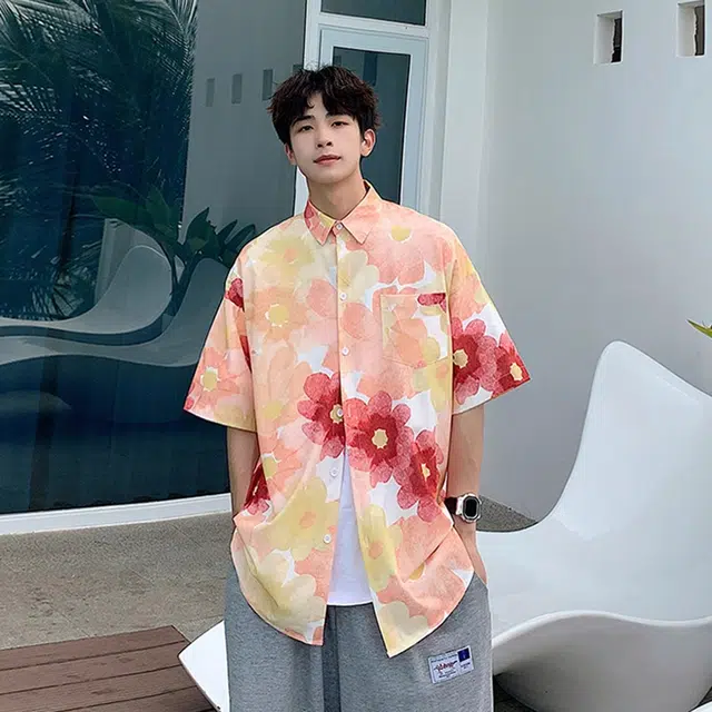 徐百货 薄款透气夏威夷沙滩衬衣痞帅大码宽松外套潮流百搭短袖衬衫 男女同款