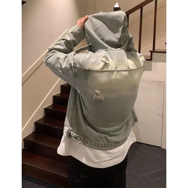 徐百货 美式复古拉链破洞潮流设计感宽松百搭水洗做旧夹克上衣牛仔外套 男女同款