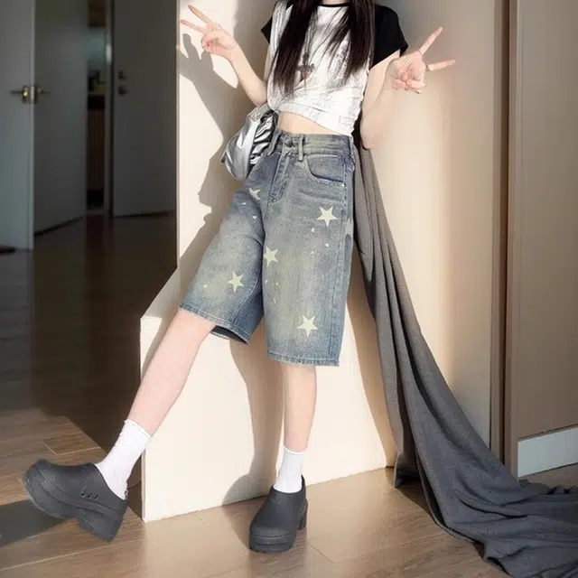 徐百货 复古星星印花五分裤春夏薄款宽松高腰直筒中裤潮流百搭牛仔短裤 男女同款