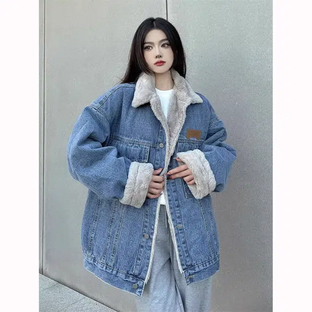 徐百货 美式复古仿兔毛牛仔外套冬季加绒加厚宽松百搭保暖工装棉衣棉服 男女同款