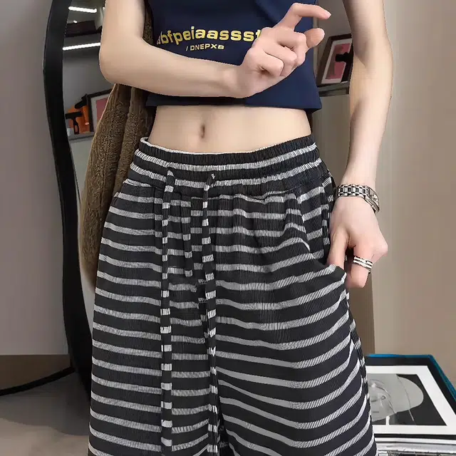 徐百货 美式复古刺绣条纹五分裤穿搭高街薄款弹力高级感宽松百搭休闲短裤 男女同款