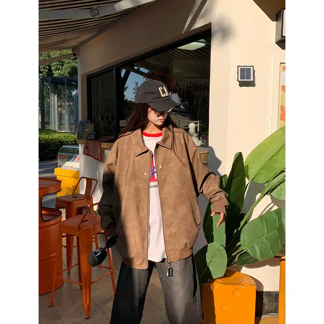 徐百货 美拉德外套春秋季潮牌高级感痞帅美式复古工装百搭机车服皮衣 男女同款