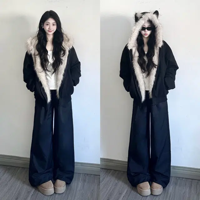 徐百货 复古潮流兔耳朵座山雕上衣外套冬季保暖毛领夹棉情侣款百搭加厚棉衣面包服棉服 男女同款