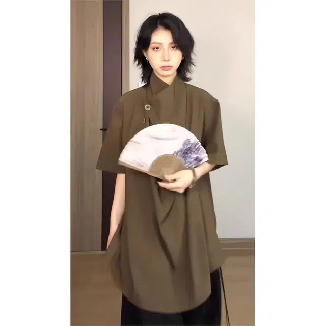 徐百货 新中式国风短袖上衣夏季不规则小众设计高级感垂感冰丝衬衣衬衫 男女同款