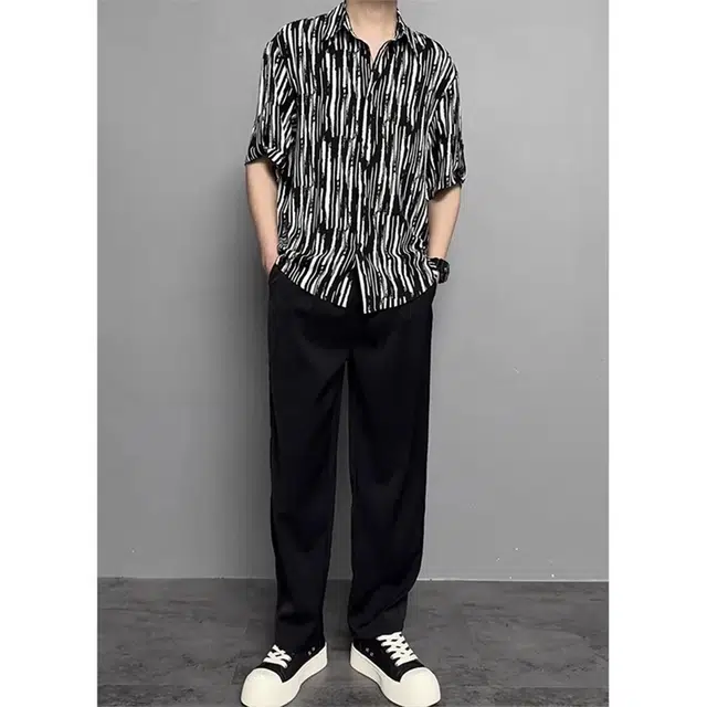 徐百货 条纹短袖夏季美式潮牌宽松高级感休闲外套上衣短袖衬衫 男女同款