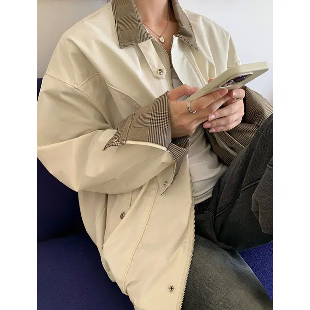徐百货 千鸟格纹哈灵顿工装外套秋季流行穿搭立领老钱风短款上衣夹克 男女同款