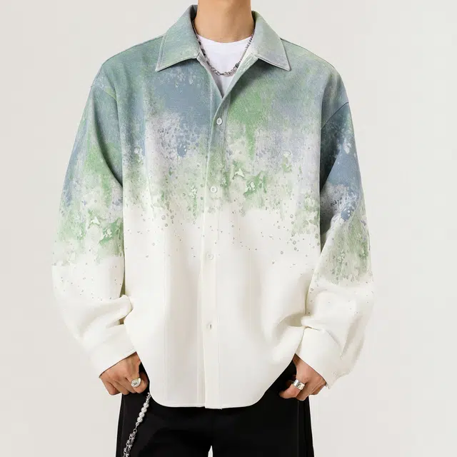 微牛 美式复古渐变扎染潮流百搭宽松休闲长袖外套衬衫 男款