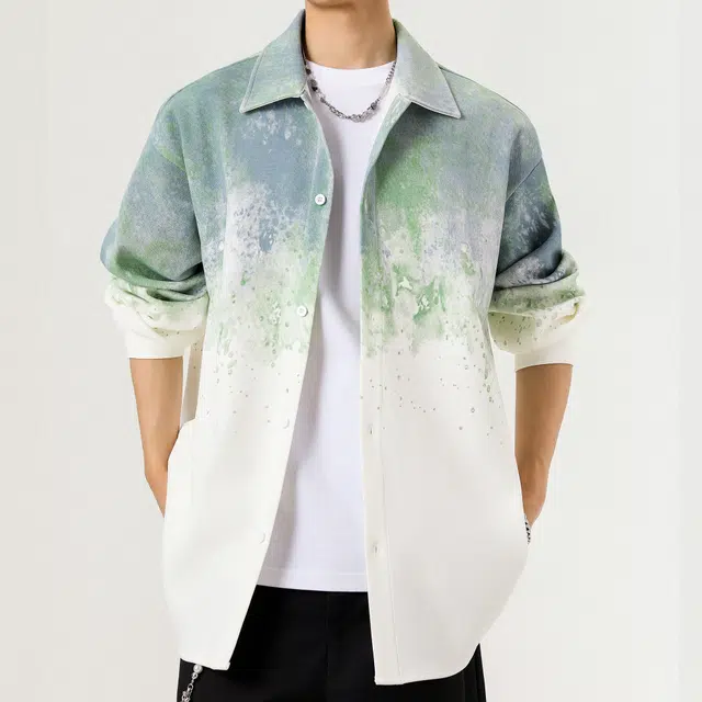 微牛 美式复古渐变扎染潮流百搭宽松休闲长袖外套衬衫 男款