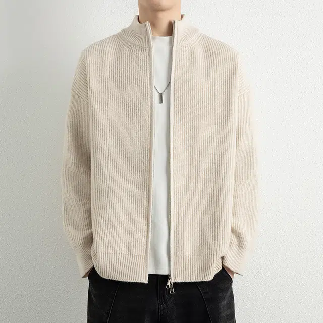 帝狼牛 美式复古慵懒风多季立领适用宽松拉链开衫情侣外套针织衫 男女同款