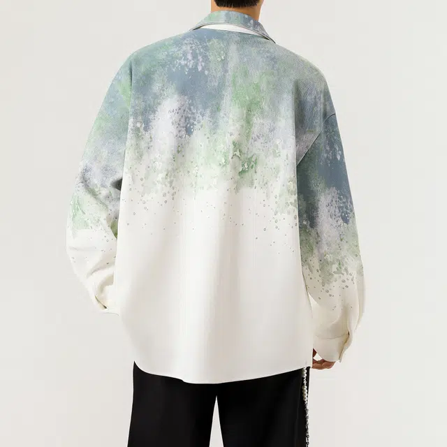 微牛 美式复古渐变扎染潮流百搭宽松休闲长袖外套衬衫 男款