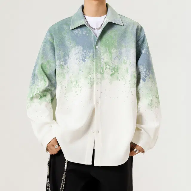微牛 美式复古渐变扎染潮流百搭宽松休闲长袖外套衬衫 男款