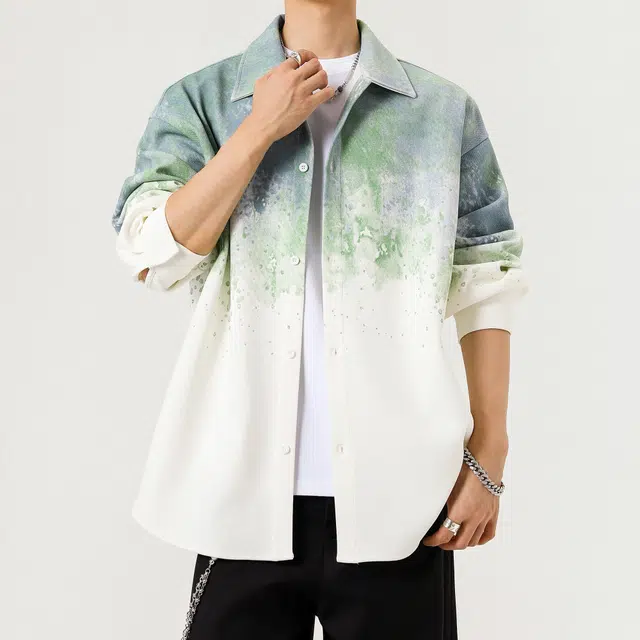 微牛 美式复古渐变扎染潮流百搭宽松休闲长袖外套衬衫 男款