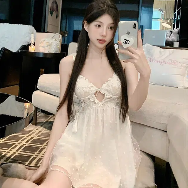 拯救先生 少女波点纯欲风吊带群网纱带胸垫睡衣法式夏季睡裙 女款