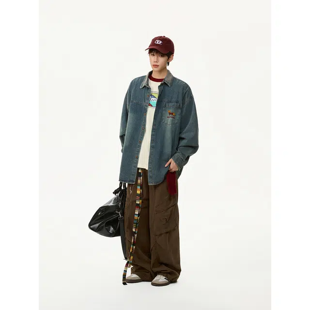 艾梵斯贝 美式复古潮流腊肠狗刺绣拼接水洗翻领小众设计款无性别日常通勤百搭宽松休闲时尚高级感衬衫牛仔外套 男女同款