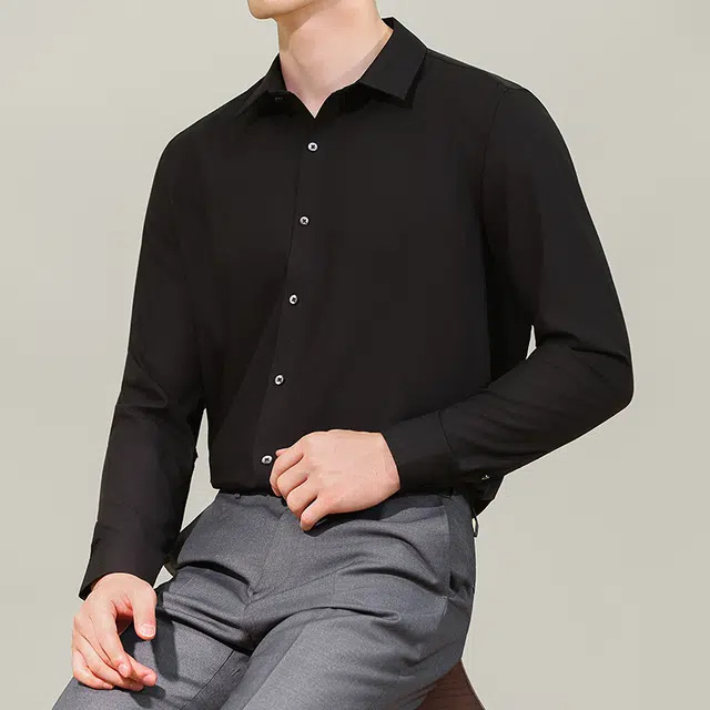 艾梵斯贝 高端轻奢高级感超细旦无痕暗纹抗皱简约韩版轻熟双排扣修身休闲商务正装气质高品质职场约会绅士长袖衬衣衬衫 男款